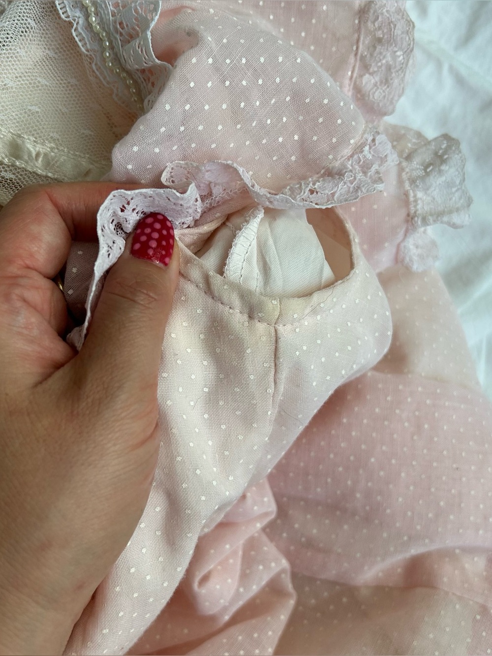 Gunne Sax Pink Polka Dot Lace Dress with Pearl Trim High Victorian Neckline - Picture 9 of 9